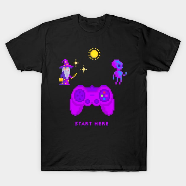 Start Here - Gamer -Pixel T-Shirt by Graphic_01_Sl